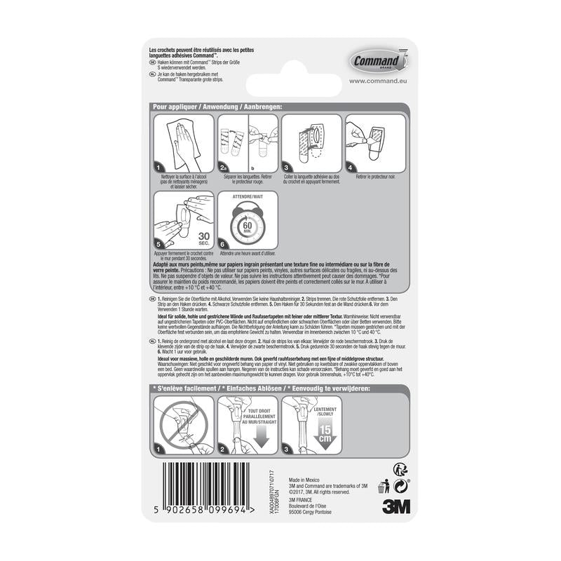 A 3M Deutschland GmbH Command™ Mini-Hook, 17006 csomagolásának hátoldala többnyelvű útmutatóval, szerszám nélküli felszerelés diagramjaival, ragasztószalag használatával, figyelmeztetésekkel, termékadatokkal, vonalkóddal - nyom nélkül eltávolítható.