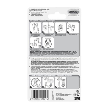 A 3M Deutschland GmbH Command™ Mini-Hook, 17006 csomagolásának hátoldala többnyelvű útmutatóval, szerszám nélküli felszerelés diagramjaival, ragasztószalag használatával, figyelmeztetésekkel, termékadatokkal, vonalkóddal - nyom nélkül eltávolítható.