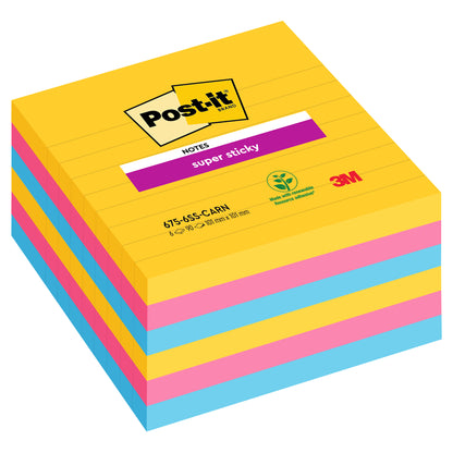 Egy nagy méretű Post-it® Super Sticky Notes (101 mm x 101 mm, 90 lap/blokk, 100% PEFC) csomag a 3M Deutschland GmbH-tól, váltakozva sárga, kék és rózsaszín lapokkal, logóval és újrahasznosítási szimbólummal a csomagoláson.