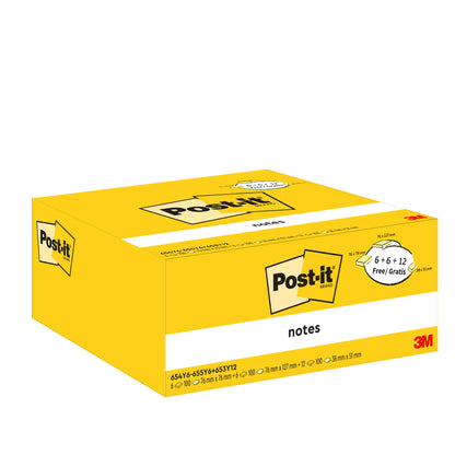 Egy sárga Post-it® Notes doboz látható a 3M Deutschland GmbH-tól 12 tömbbel és 12 ingyenes tömbbel, 100% PEFC-tanúsítvánnyal rendelkező papírból (SGSCH-PEFC-COC-110078) készült, különböző méretekkel és kartoncsomagolásban.