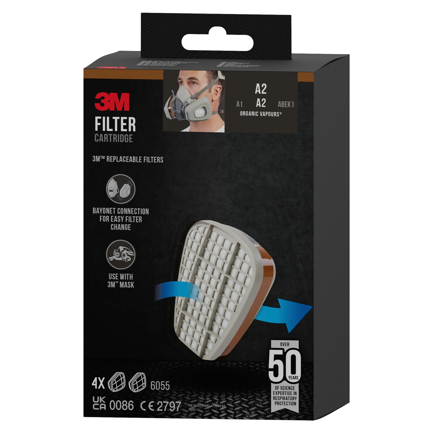 Eine Schachtel mit der 3M™ Filterpatrone 6055, A2 Organische Dämpfe von 3M Deutschland GmbH, mit einer Abbildung der Patrone, einer Person mit Maske und Text zur Kompatibilität, zum Filtertyp und zu den vier enthaltenen Patronen.