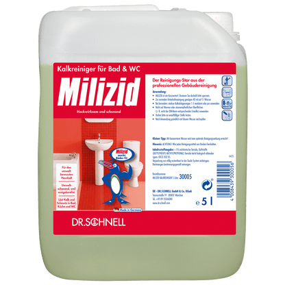 Egy 5 literes Dr. Schnell MILIZID KALKREINIGER a DR.SCHNELL GmbH & Co. KGaA-tól, német címkével, amely fürdőszobai szerelvényeket és egy rajzfilm pingvint ábrázol, aki a termékpalackot tartja.