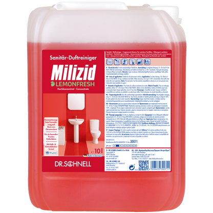 Ein 10-Liter-Gebinde von Dr. Schnell MILIZID LEMONFRESH der DR.SCHNELL GmbH & Co. KGaA, einem kraftvollen Sanitärreiniger-Konzentrat mit Zitronenduft, zeigt ein rotes Etikett mit Produktangaben sowie Abbildungen einer Toilette und eines Waschbeckens.