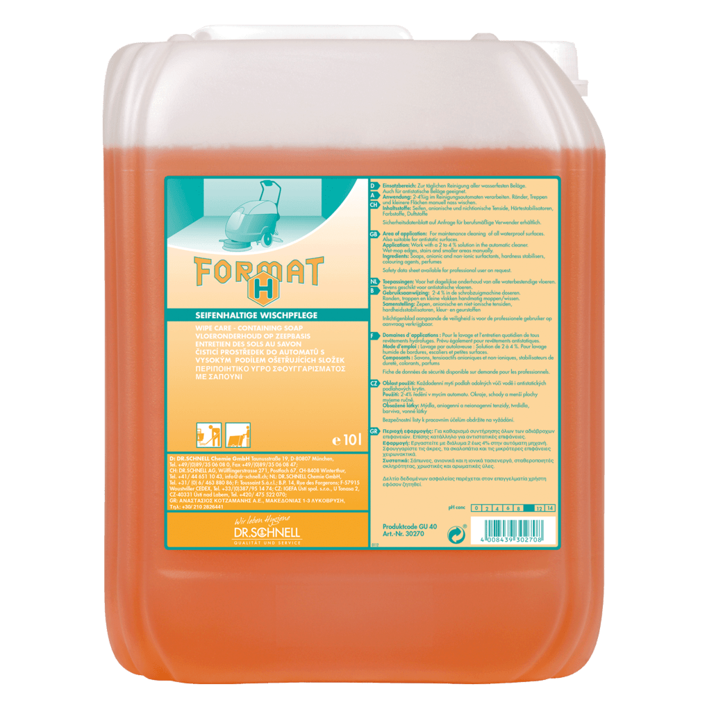 Egy 10 literes átlátszó műanyag tartály narancssárga folyadékkal és "FORMAT HAT" felirattal tartalmazza a Dr. Schnell FORMAT H intenzív tisztítószert a DR.SCHNELL GmbH & Co. KGaA-tól, termék-, biztonsági és alkalmazási útmutatókkal német nyelven a professzionális használatra.