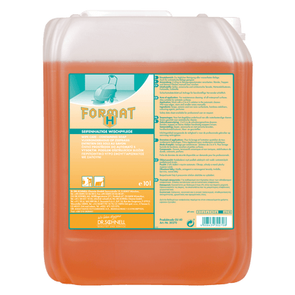 Egy 10 literes átlátszó műanyag tartály narancssárga folyadékkal és "FORMAT HAT" felirattal tartalmazza a Dr. Schnell FORMAT H intenzív tisztítószert a DR.SCHNELL GmbH & Co. KGaA-tól, termék-, biztonsági és alkalmazási útmutatókkal német nyelven a professzionális használatra.