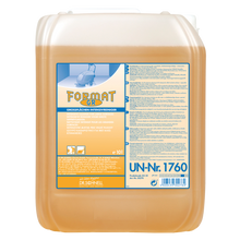 Ein 10-Liter-Behälter aus transluzentem Kunststoff von Dr. Schnell FORMAT GR 1 der DR.SCHNELL GmbH & Co. KGaA, gefüllt mit gelb-orangem Reiniger. Das deutsche Etikett enthält Produktangaben, Sicherheitsinformationen und die UN-Nummer 1760.