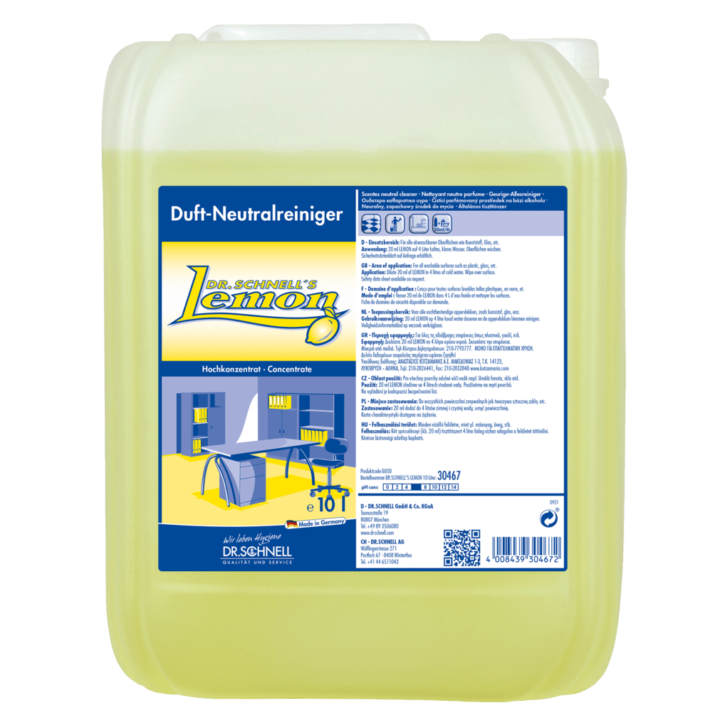 Egy 10 literes Dr. Schnell DR.SCHNELL'S LEMON a DR.SCHNELL GmbH & Co. KGaA-tól, sárga folyadékkal és kék-sárga címkével, termékinformációkkal, ideális a hatékony háztartási tisztításhoz.