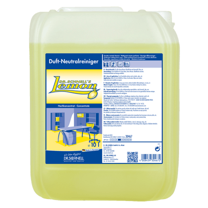 Egy 10 literes Dr. Schnell DR.SCHNELL'S LEMON a DR.SCHNELL GmbH & Co. KGaA-tól, sárga folyadékkal és kék-sárga címkével, termékinformációkkal, ideális a hatékony háztartási tisztításhoz.
