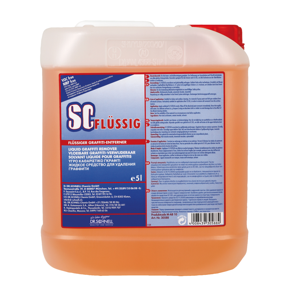 Ein 5-Liter-Kunststoffbehälter des Dr. Schnell SC FLÜSSIG Graffitientferners der DR.SCHNELL GmbH & Co. KGaA, gefüllt mit orangefarbener Flüssigkeit und beschriftet mit mehrsprachigen Produktangaben und Sicherheitshinweisen zur Graffitientfernung.