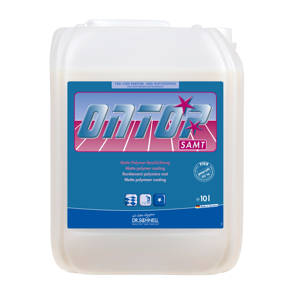Ein 10-Liter-Kanister Dr. Schnell ONTOP SAMT Matt-Beschichtung für Gebäudereinigung, Böden, hochfrequentiert von DR.SCHNELL GmbH & Co. KGaA, mit blauer und rosa Beschriftung und Produktangaben auf hellem Grund.