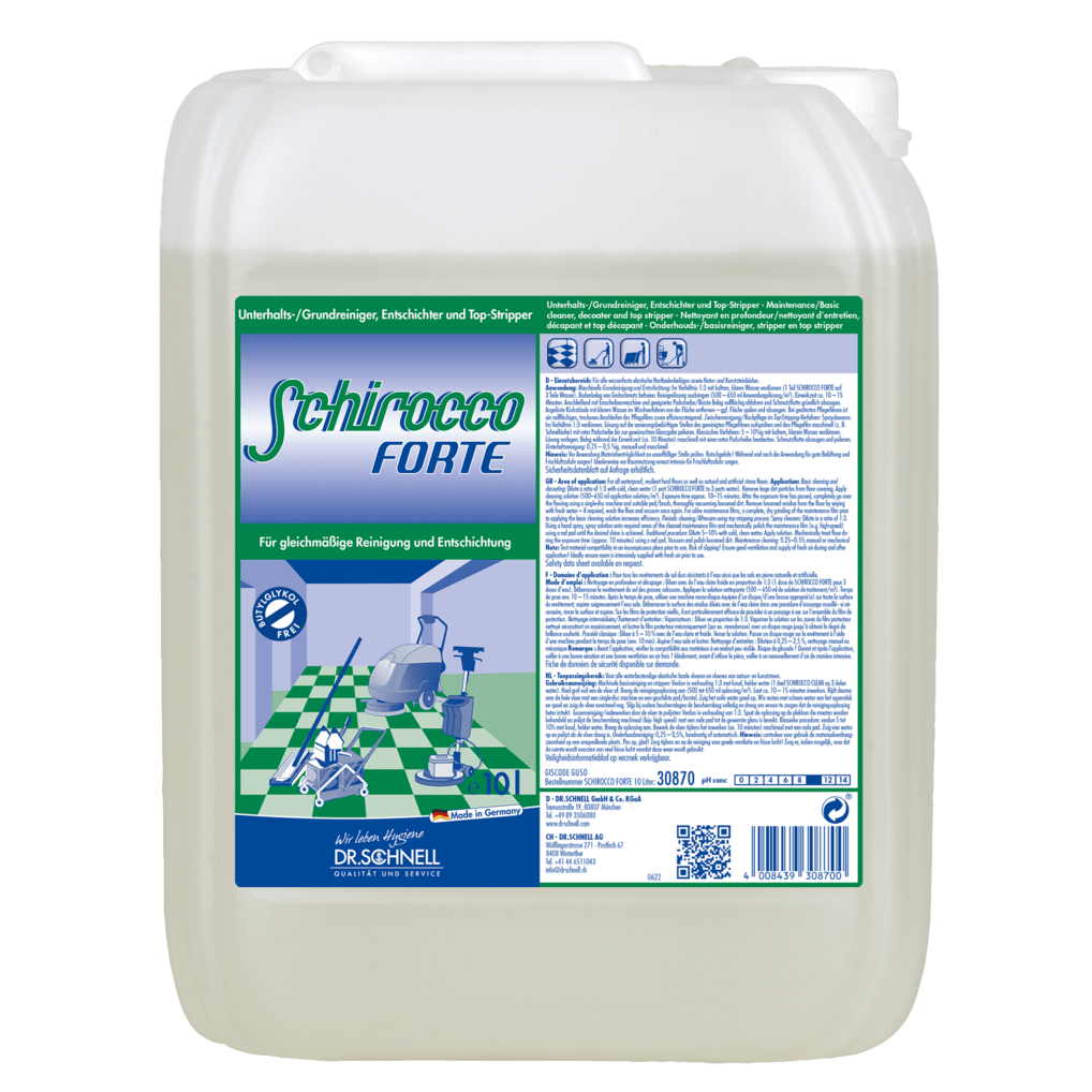 Egy nagy átlátszó műanyag tartály "Dr. Schnell SCHIROCCO FORTE" felirattal a DR.SCHNELL GmbH & Co. KGaA-tól, zöld és fehér márkajelzéssel, tisztítási grafikával, speciális tisztítószer útmutatóval a professzionális tisztításhoz, fogantyúval és csavaros kupakkal.