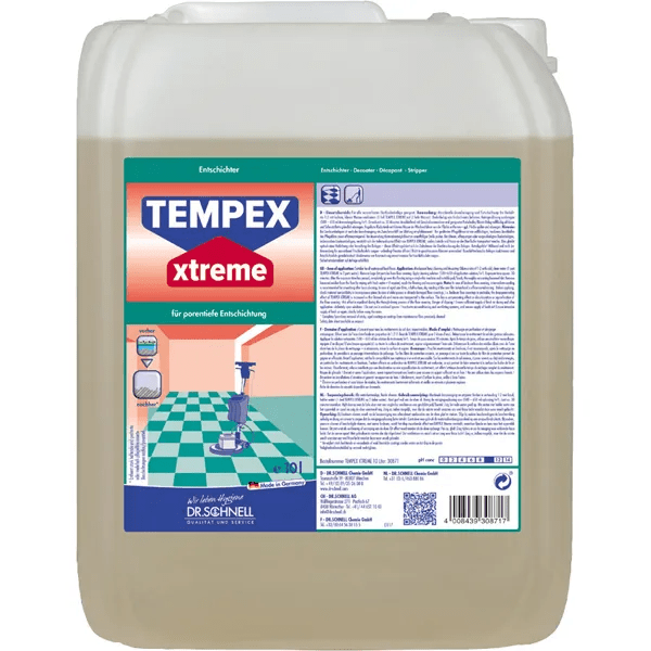 A 10 l Dr. Schnell TEMPEX XTREME a DR.SCHNELL GmbH & Co. KGaA-tól egy erőteljes tisztítószer padlókhoz, ideális professzionális épülettisztításhoz, kék és piros címkézéssel és alkalmazási szimbólumokkal.