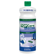 Eine weiße 1-Liter-Flasche der DR.SCHNELL GmbH & Co. KGaA Dr. Schnell TOPCARE FLOORFIT mit grüner Kappe und Etikett mit Mopp- und Tablettenmotiven, deutschem Text, ist ideal für die professionelle, streifenfreie Bodenreinigung als Mehrzwecklösung.