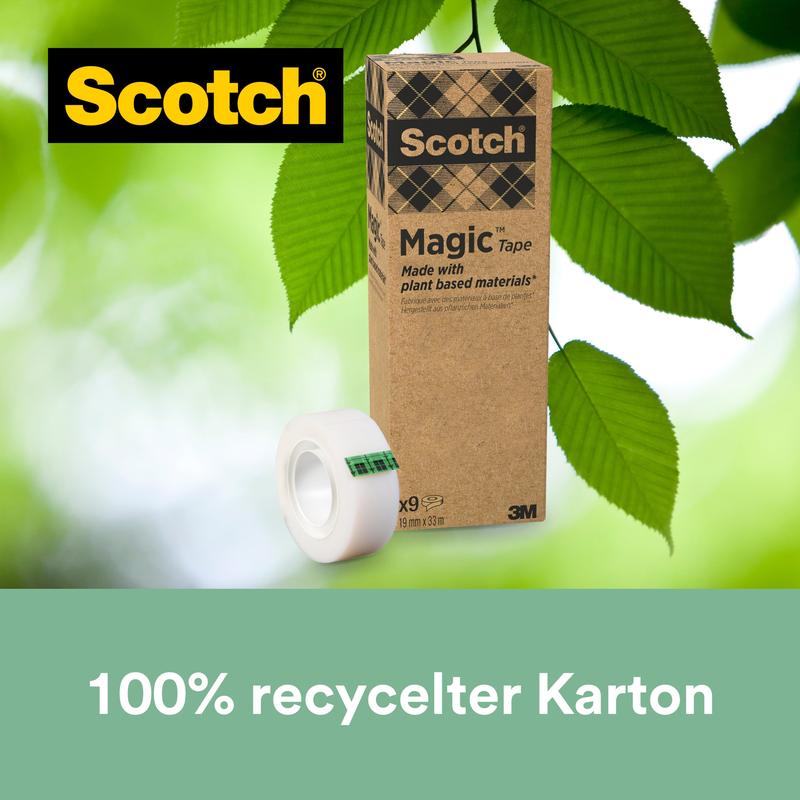 Egy csomag Scotch® Magic™ ragasztószalag (9 tekercs, 19 mm x 33 m) a 3M Deutschland GmbH-tól, 66% növényi alapú ragasztóval és 100% újrahasznosított kartonnal készült - ideális fenntartható irodai szükségletekhez.