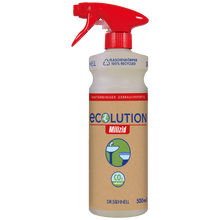 Die Dr. Schnell Handsprühflasche ECOLUTION leer 500 ml von DR.SCHNELL GmbH & Co. KGaA hat eine rote Düse, ein beiges Umweltzeichen mit CO₂-Reduktionssymbolen und ist eine umweltfreundliche Sprühflasche aus recyceltem Material.