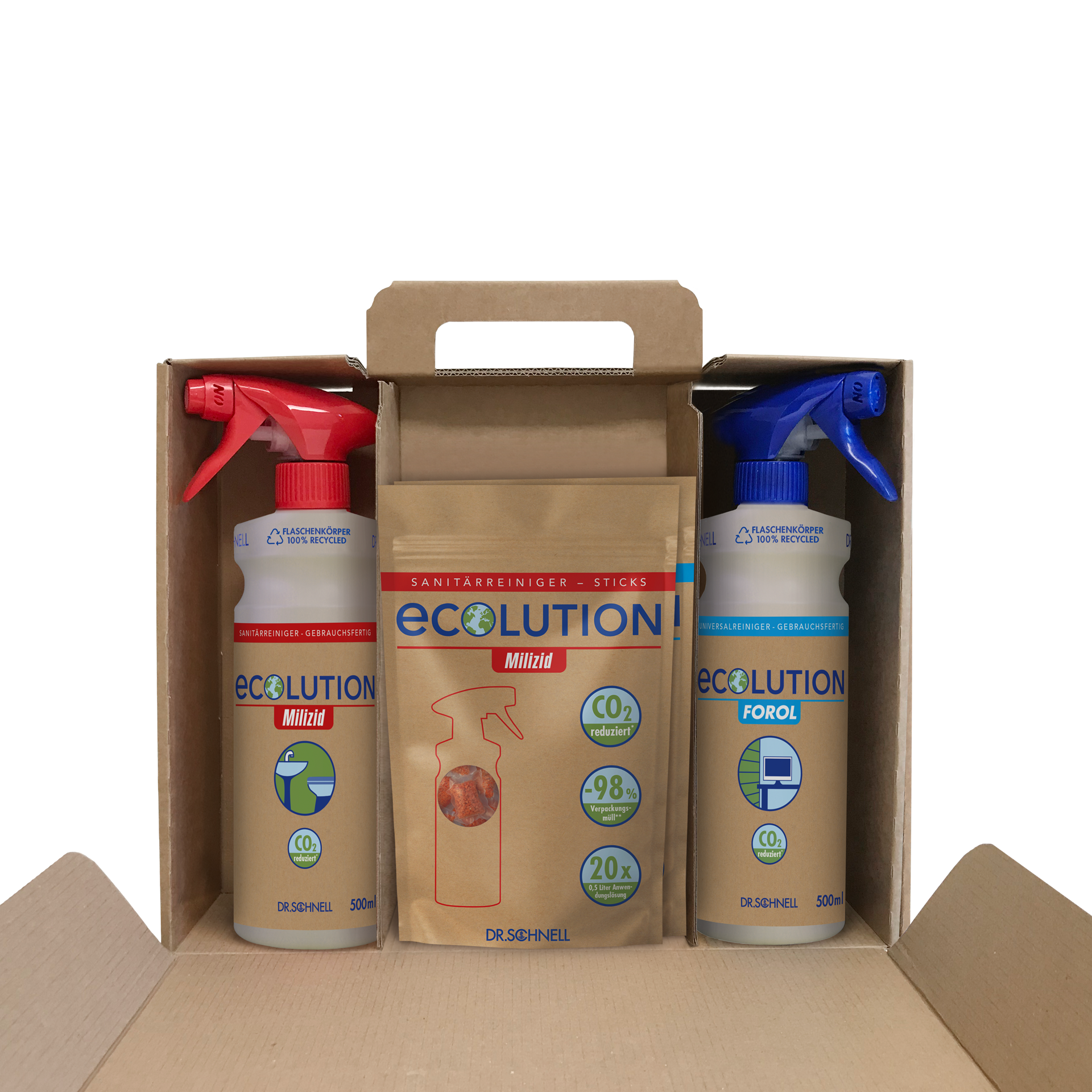Das Dr. Schnell ECOLUTION Starterkit der DR.SCHNELL GmbH & Co. KGaA enthält Sprühflaschen und FOROL & MILIZID Sticks (450 g) in einer Box - eine umweltfreundliche Reinigungslösung mit CO2-Reduktionsvorteilen.