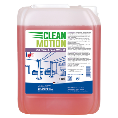 Ein 10-Liter Dr. Schnell CLEANMOTION WERKSTATTREINIGER der DR.SCHNELL GmbH & Co. KGaA mit roter Flüssigkeit und einem Etikett mit Autowerkstattmotiv und deutscher Produktinformation - ideal für die effektive Werkstattreinigung.