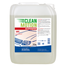 Ein 20-kg-Kunststoffbehälter von Dr. Schnell CLEANMOTION AUTOSHAMPOO der DR.SCHNELL GmbH & Co. KGaA, mit weißem Deckel und deutschem Etikett mit Auto-Motiv. Die hellgelbe Flüssigkeit sorgt für eine effektive Fahrzeugreinigung für Profis.