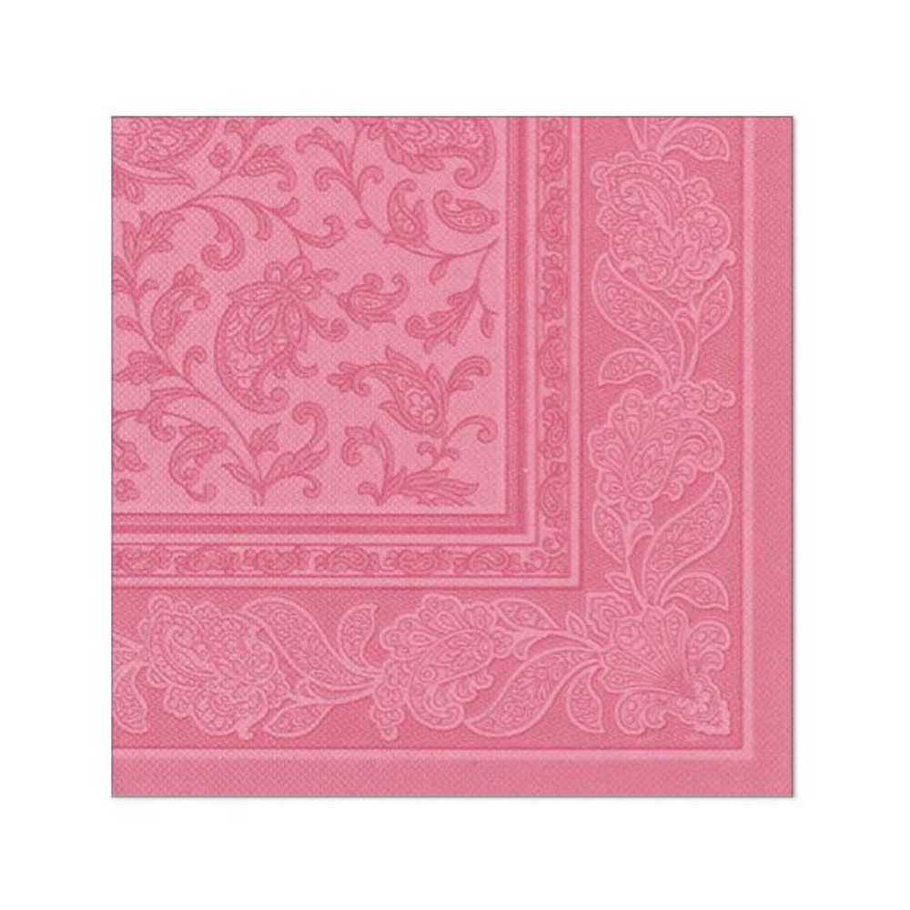 Eine rosa Papierserviette aus der „ROYAL Collection“ der PAPSTAR GmbH mit einem aufwendigen rosa Pflanzenranken-Muster mit Blumen- und Paisleymuster. Das Design zeigt verschiedene Wirbel und botanische Elemente, die deutlich entlang des Randes zu sehen sind und an elegante Serviettenornamente erinnern. Dies sind die Servietten „Ornaments“, die in einer 1/4-Falzung mit den Maßen 40 cm x 40 cm präsentiert werden.