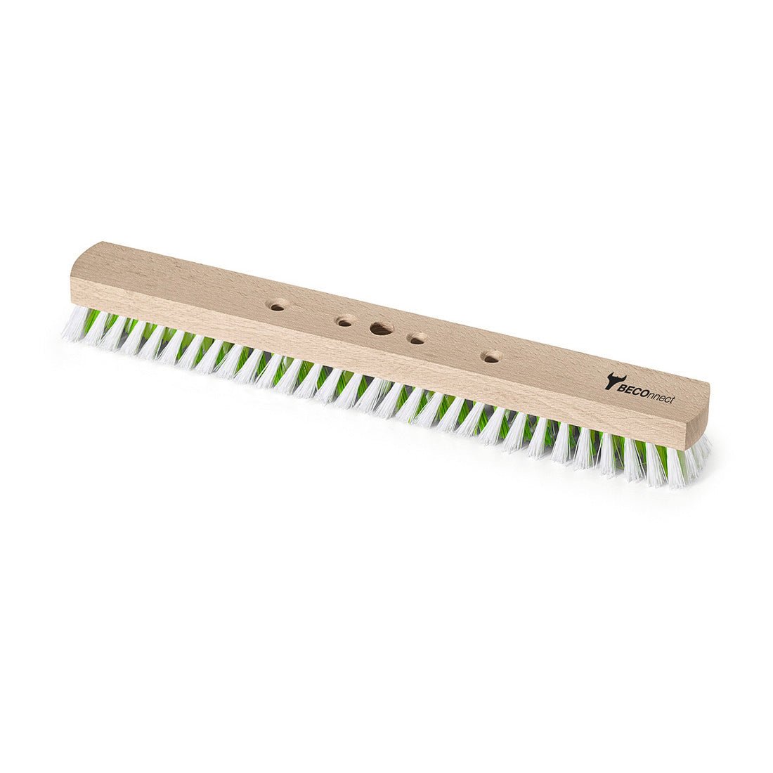 A Nölle Profi Brush BECOnnect 40 cm-es nagyméretű seprű hosszú fa talppal rendelkezik, fehér és zöld PP-sörtékkel, négy lyukkal és a Nölle Profi Brush logóval a jobb felső sarokban. Márka: Nölle Profi Brush Bürsten- & Pinseltechnik e.K.