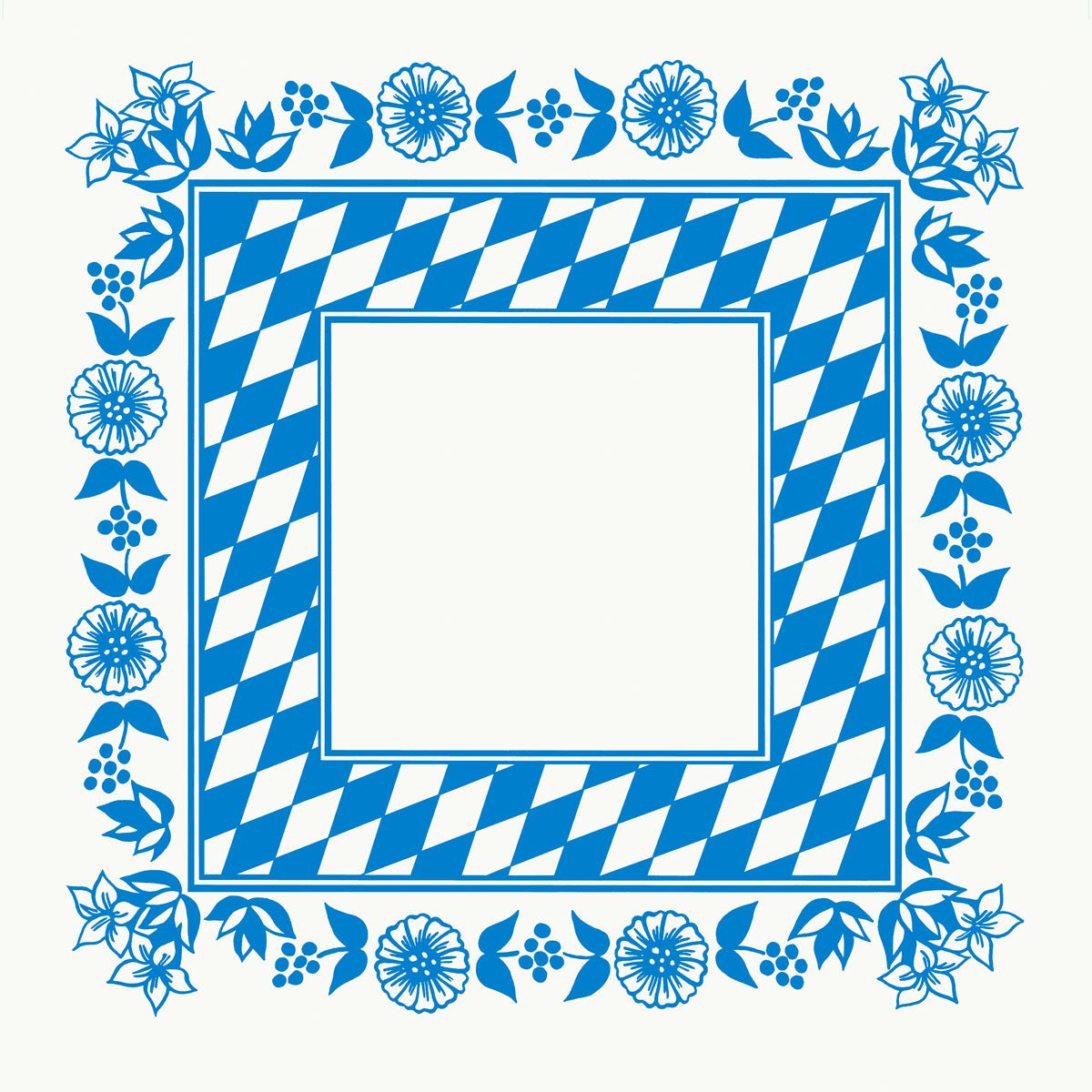 A Duni GmbH 84x84 cm-es Dunicel középső terítője kék-fehér bajor rombuszmintát mutat, kék virágdíszítéssel a szélén, ideális az Oktoberfestre, és 100 darabos csomagban kapható. A közepe üres a sokoldalú ünnepi felhasználás érdekében.