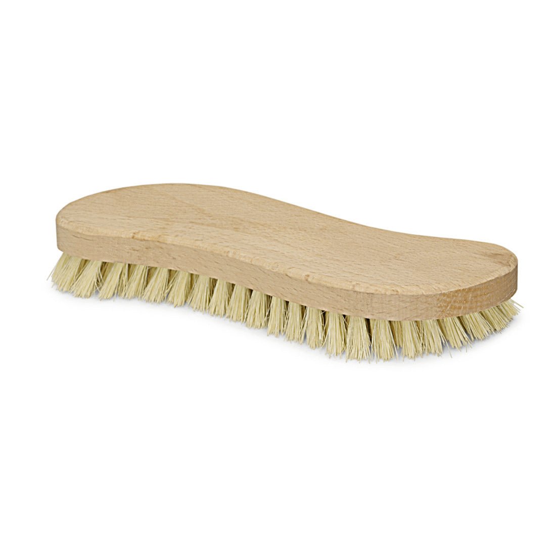 A Nölle Profi Brush Scheuerbürste Thermo-PET S-Form (20 cm) a Nölle Profi Brush Bürsten- & Pinseltechnik e.K. cégtől egy hőálló fa súrolókefe merev, világos sörtékkel és ergonomikusan hajlított nyéllel, fehér háttéren ábrázolva.