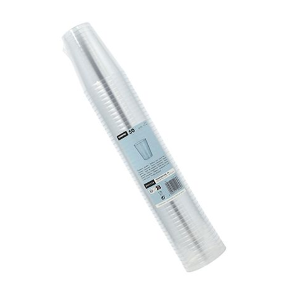 Egy halom Starpak 50 pohár, PS átlátszó, egy világoskék címkével ellátott műanyag csomagolásban van, amelyen a Starpak márka és a termék adatai, beleértve az 50 pohár mennyiséget, szerepelnek.