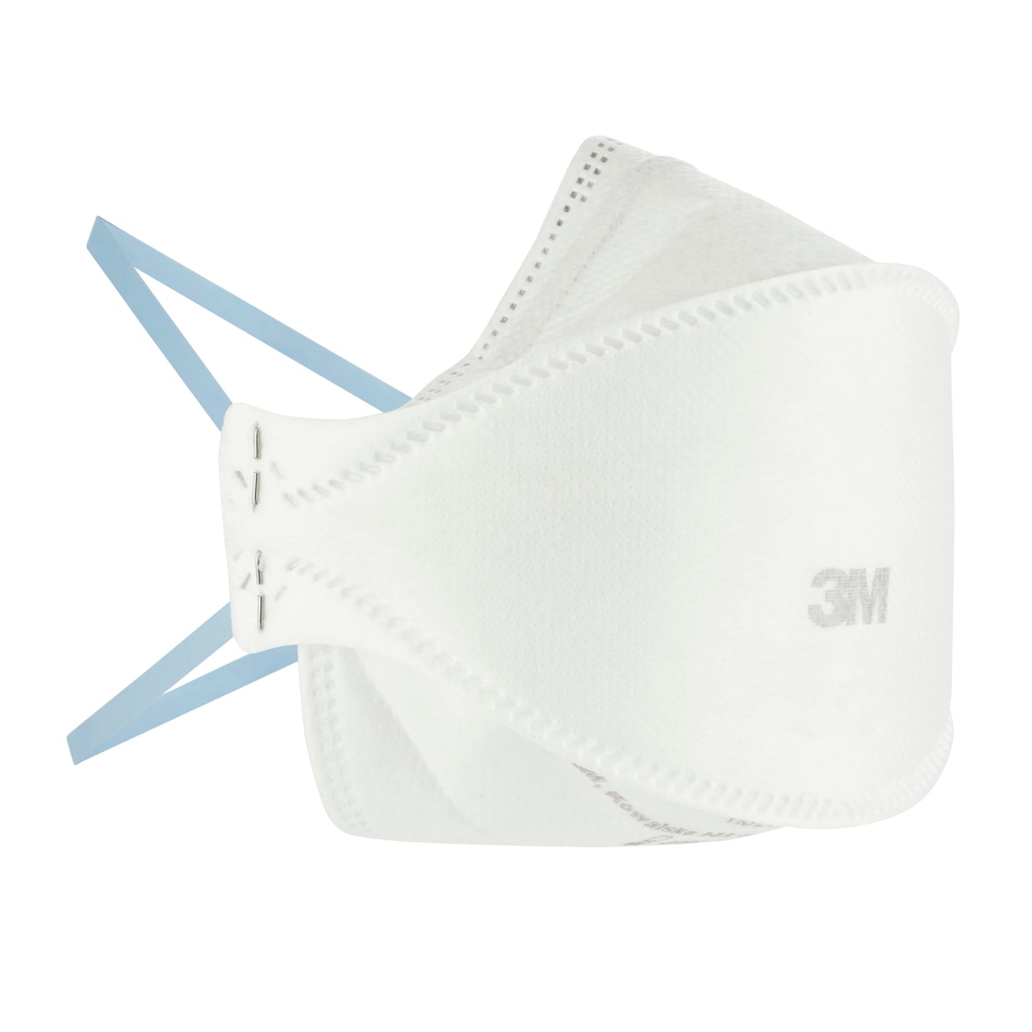 Eine 3M™ Aura™ Komfort-Partikelmaske 9320+ FFP2, ohne Ventil, von 3M Deutschland GmbH ist im Profil vor weißem Hintergrund zu sehen. Die weiße Maske mit blauen Bändern zeigt sichtbare Nähte und ist für Schutzanwendungen konzipiert.