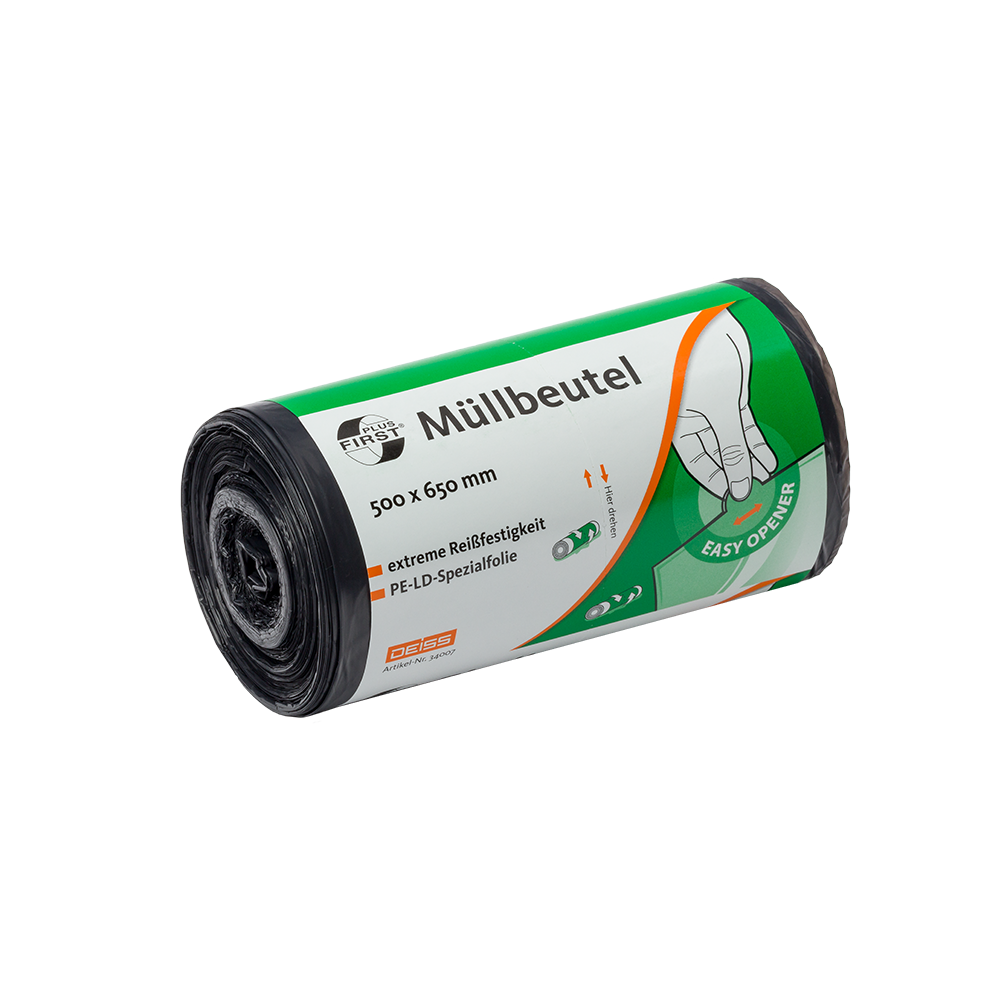 Az EMIL DEISS KG (GmbH + Co.) DEISS 34007 szemeteszsák, 500x650 mm szürke, 50 darabos tekercs, ideális irodai szükségletekhez. A szürke tekercs kézi grafikát és egy "easy opener"-szimbólumot mutat az egyszerű nyitás érdekében.