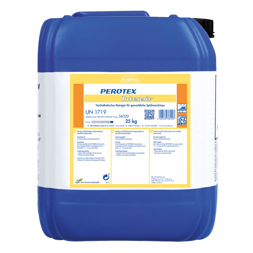 Ein großer blauer Kunststoffbehälter mit schwarzem Deckel und der Aufschrift "Dr. Schnell PEROTEX INTENSIV Geschirrreiniger für gewerbliche Spülmaschinen" der DR.SCHNELL GmbH & Co. KGaA, fasst 25 kg und ist mit einem Gefahrenhinweis in deutscher Sprache versehen.