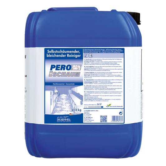 Ein 12 kg Kanister aus blauem Kunststoff von Dr. Schnell PERO SCHAUM, einem selbstschäumenden, bleichenden, chlorierten Oberflächenreiniger der DR.SCHNELL GmbH & Co. KGaA, konzipiert für die effektive Oberflächenreinigung.
