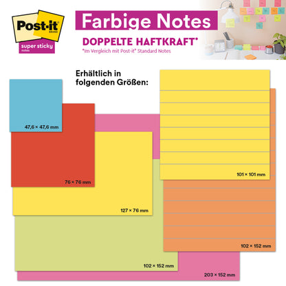 Abgebildet sind 3M Post-it® Super Sticky Notes im Großformat, liniert, 101 mm × 152 mm in den Farben gelb, pink, orange, grün und blau sortiert. Jede Packung enthält drei PEFC-zertifizierte Blöcke mit je 75 Blatt.