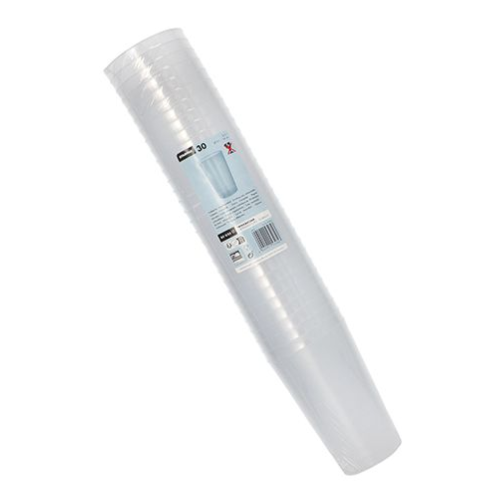 Egy halom Starpak újrafelhasználható műanyag pohár PP 0,5 l, átlátszó zsugorfóliába csomagolva, címkével és vonalkóddal. A poharak függőlegesen vannak elrendezve egy egyszerű fehér háttér előtt.