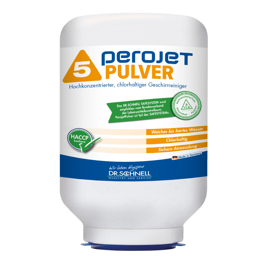 Egy fehér, 3 kg-os patron "Dr. Schnell PEROJET PULVER 5" felirattal a DR.SCHNELL GmbH & Co. KGaA-tól, narancssárga és kék felirattal és német használati utasítással; egy magas koncentrációjú, klórtartalmú mosogatószer gépekhez.