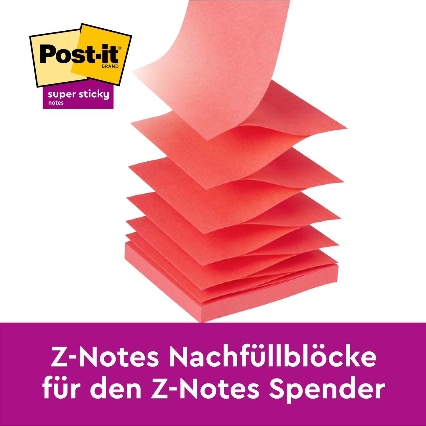 Egy fekete Post-it® Z-Notes adagoló PRO a 3M Deutschland GmbH-tól sárga Super Sticky Z-Notes-szal (76 x 76 mm, 90 lap/tömb); néhány jegyzet ki van legyezve, bal felső sarokban a márkalogó, alul a termékinformáció.