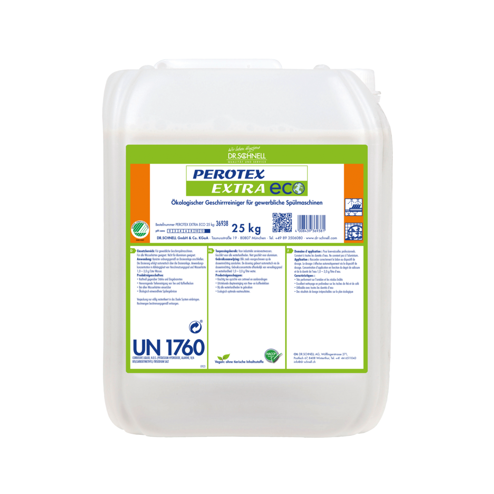 Ein 25 kg durchsichtiger Kunststoffbehälter mit grün-weißem DR.SCHNELL GmbH & Co. KGaA-Etikett für Dr. Schnell PEROTEX EXTRA ECO Geschirrreiniger für gewerbliche Spülmaschinen, mit Produktinformation, Anleitung und Sicherheitssymbolen.