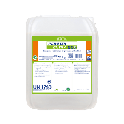 Ein 25 kg durchsichtiger Kunststoffbehälter mit grün-weißem DR.SCHNELL GmbH & Co. KGaA-Etikett für Dr. Schnell PEROTEX EXTRA ECO Geschirrreiniger für gewerbliche Spülmaschinen, mit Produktinformation, Anleitung und Sicherheitssymbolen.