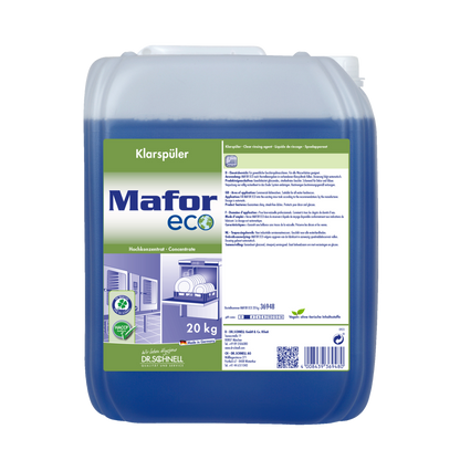 Ein 20-kg-Kunststoffbehälter mit Dr. Schnell MAFOR ECO Klarspüler für Geschirrspülmaschinen der DR.SCHNELL GmbH & Co. KGaA, ein umweltfreundliches blaues Klarspülmittel mit einem Etikett, das Geschirr und Öko-Symbole zeigt und auf streifenfreie Ergebnisse in Geschirrspülmaschinen hinweist.