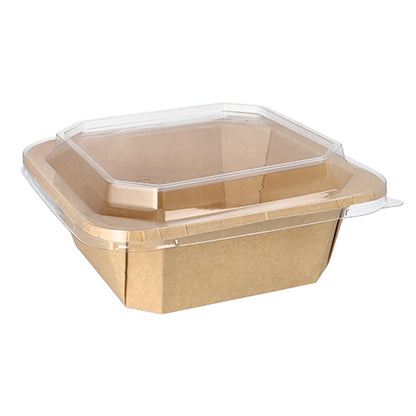 Die Starpak 25 Lunchboxen aus umweltfreundlicher, brauner Pappe mit transparentem Plastikdeckel werden hier leer, geschlossen und vor weißem Hintergrund präsentiert.