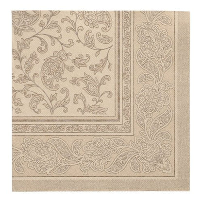 A PAPSTAR 50 darabos "ROYAL Collection" 1/4-hajtás 40 x 40 cm homokszínű szalvéták a PAPSTAR GmbH-tól elegáns paisley és virágos szegéllyel rendelkeznek - ideálisak magas minőségű szalvétákhoz.
