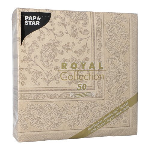 Egy homokszínű csomag PAPSTAR GmbH 50 darabos "ROYAL Collection" 1/4-hajtás, 40 x 40 cm, arany és fehér termékinformációval az elején.