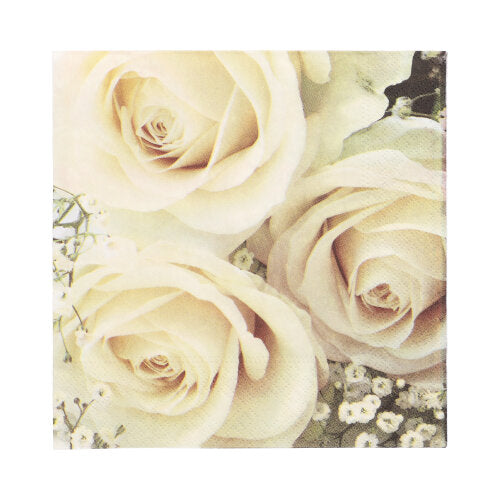 Három krémszínű rózsa közeli képe fátyolvirággal finom háttéren, amely tökéletesen illik a PAPSTAR GmbH 20 szalvétájához (33 cm x 33 cm, 3-rétegű, 1/4-hajtásos Design Set 2) bármilyen ünnepséghez.