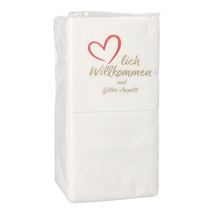 Egy csomag PAPSTAR 125 darabos, 2-rétegű „PUNTO” 1/4-hajtású (20x20 cm, mikrodomborított) szalvéta a PAPSTAR GmbH-tól – egy piros szívvel és „lich Willkommen und Guten Appetit” felirattal díszítve, tökéletes különleges alkalmakra.