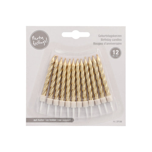 Eine Packung mit 12 PAPSTAR Geburtstagskerzen (6 cm) mit Halterungen von PAPSTAR GmbH, gold-weiße Spiralkerzen in einer Kunststoffverpackung mit der Aufschrift "Party feelings!" und "Birthday candles" in mehreren Sprachen.