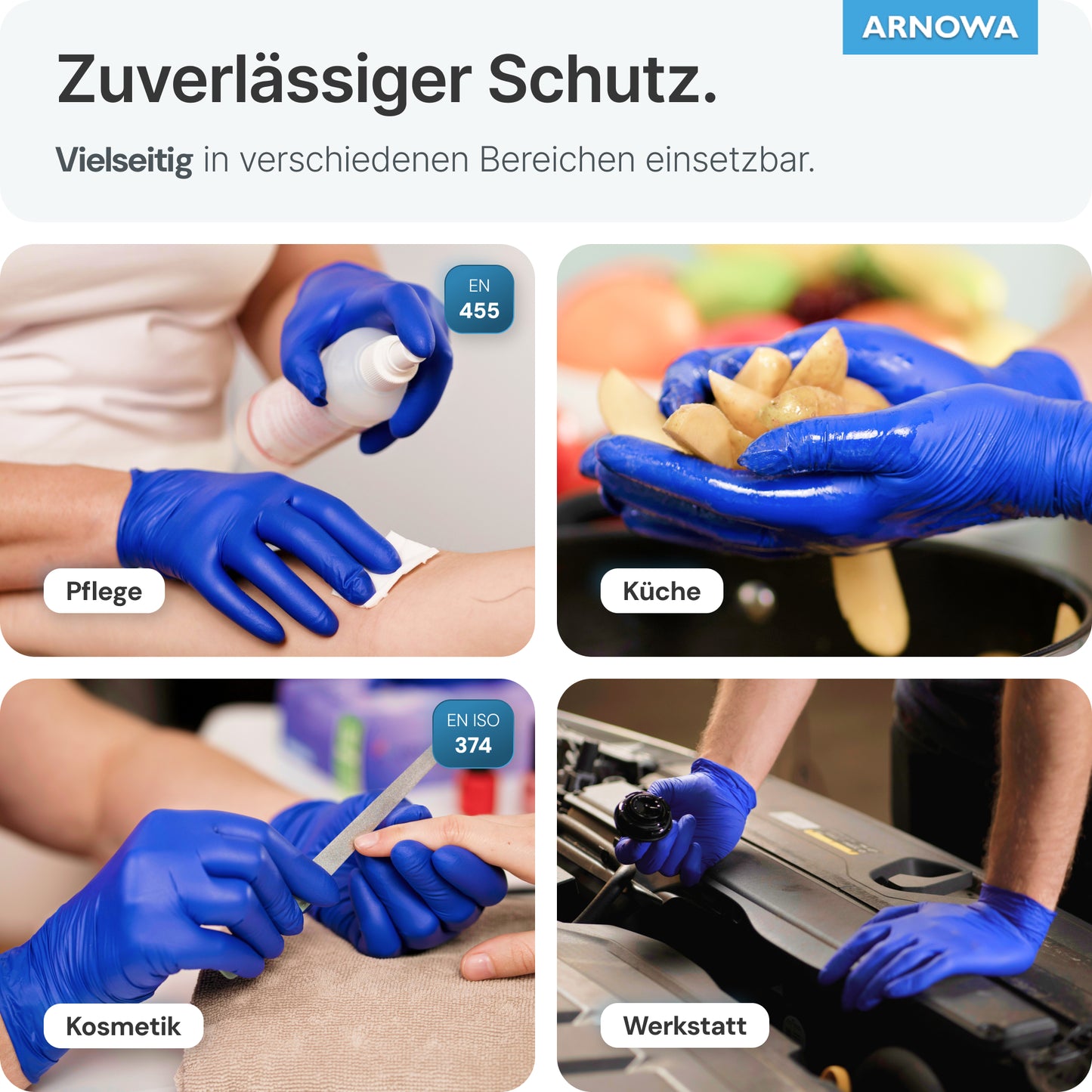 Egy kollázs kezeket mutat, amelyek ARNOMED NITRIL OCEAN BLUE egyszer használatos kesztyűket viselnek az ARNOWA GmbH-tól, és feladatokat végeznek az ápolásban, konyhában, kozmetikában és műhelyben.