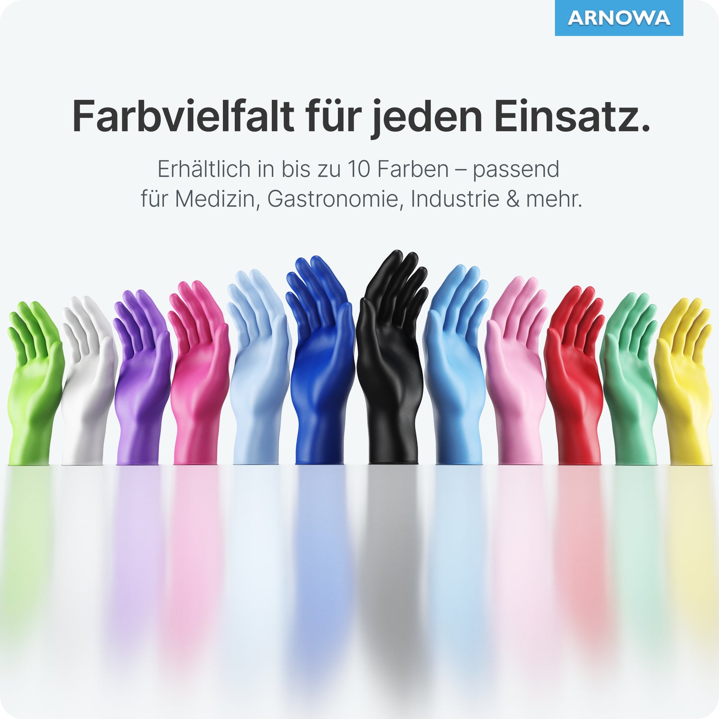 Tizenkét ARNOMED NITRIL OCEAN BLUE egyszer használatos kesztyű az ARNOWA GmbH-tól sötétkék színben áll tükröződő felületen. A német cím hangsúlyozza, hogy ezek a latexmentes kesztyűk sokféle iparág számára alkalmasak.