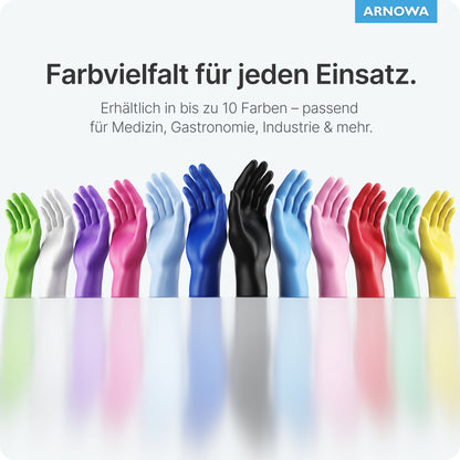 Tizenkét ARNOMED NITRIL OCEAN BLUE egyszer használatos kesztyű az ARNOWA GmbH-tól sötétkék színben áll tükröződő felületen. A német cím hangsúlyozza, hogy ezek a latexmentes kesztyűk sokféle iparág számára alkalmasak.