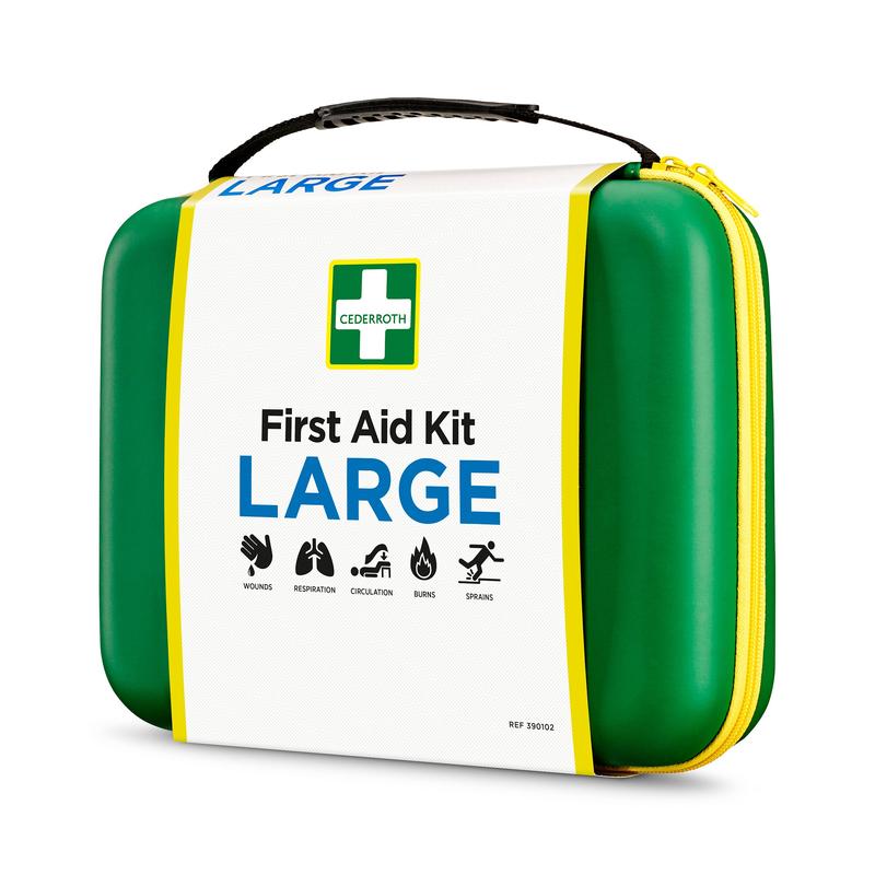 Egy zöld-sárga kemény héjú Orkla Wound Care AB Elsősegélycsomag NAGY (1 darab) fekete fogantyúval és sárga cipzárral, "First Aid Kit LARGE" felirattal, sebek, égési sérülések, rándulások, keringés és légzés vészhelyzetekre tervezve.