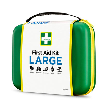 Egy zöld-sárga kemény héjú Orkla Wound Care AB Elsősegélycsomag NAGY (1 darab) fekete fogantyúval és sárga cipzárral, "First Aid Kit LARGE" felirattal, sebek, égési sérülések, rándulások, keringés és légzés vészhelyzetekre tervezve.