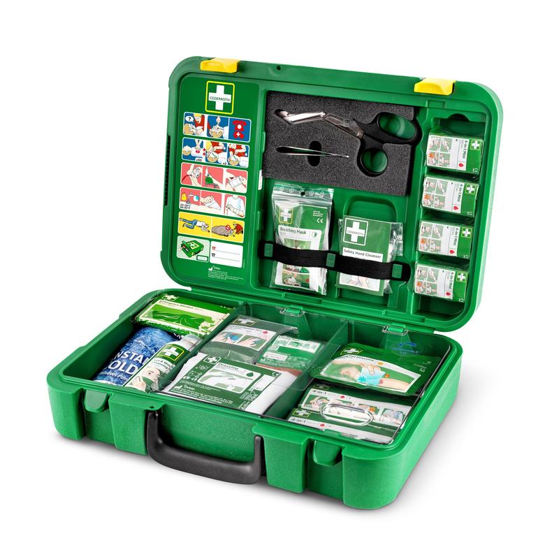 Az Orkla Wound Care AB X-LARGE elsősegélydoboz | Csomag (1 darab) áttekinthető rekeszekkel rendelkezik kötszerekkel, ollókkal, kesztyűkkel, ragtapaszokkal, egy hűtőakkuval és képes útmutatóval - tökéletes vészhelyzetekre.